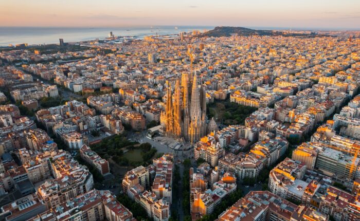 Aerial,View,Of,Barcelona,Eixample,Residential,District,And,Sagrada,Familia